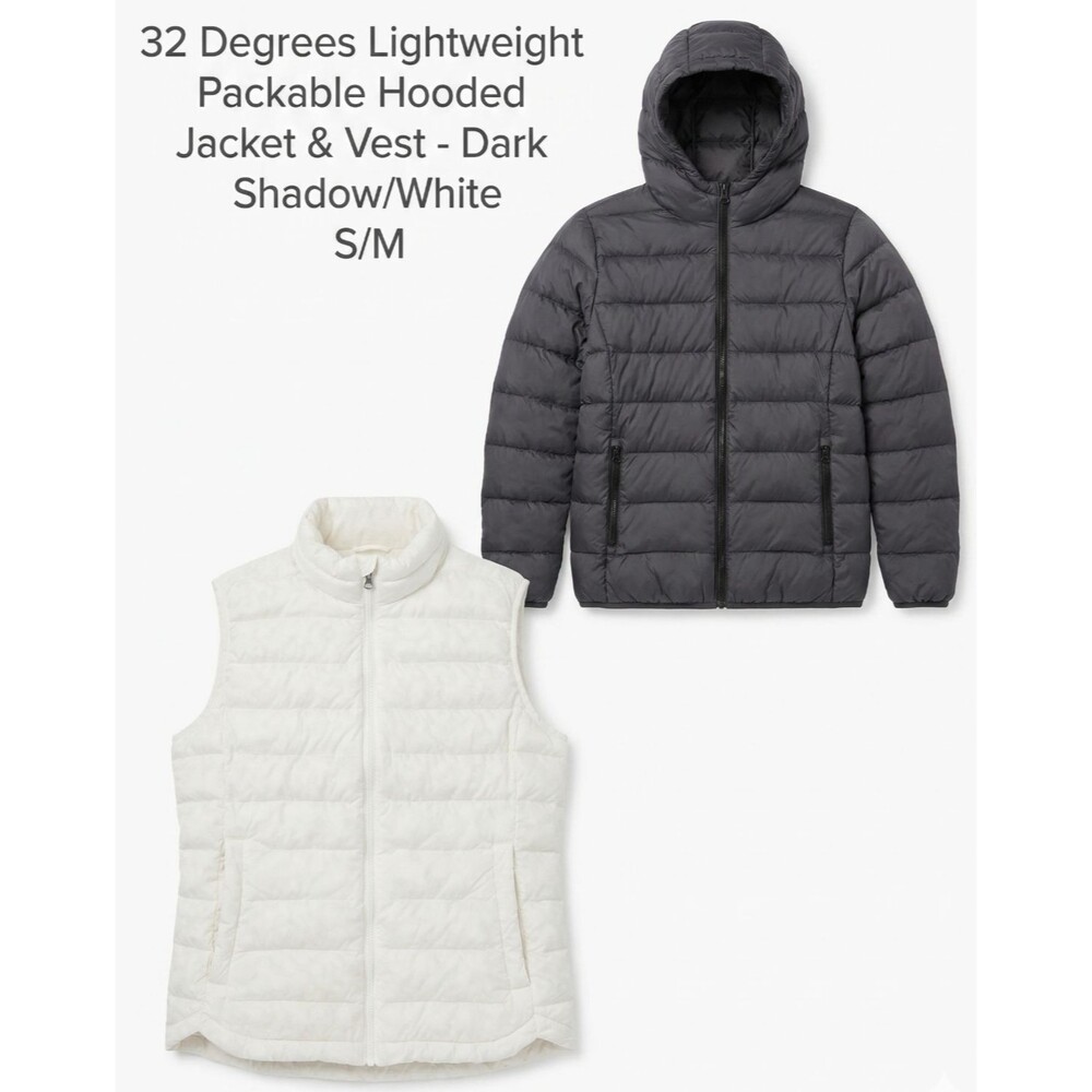 32 Degrees Gray Puffer Jacket (Small) and White Vest Combo (Medium)
